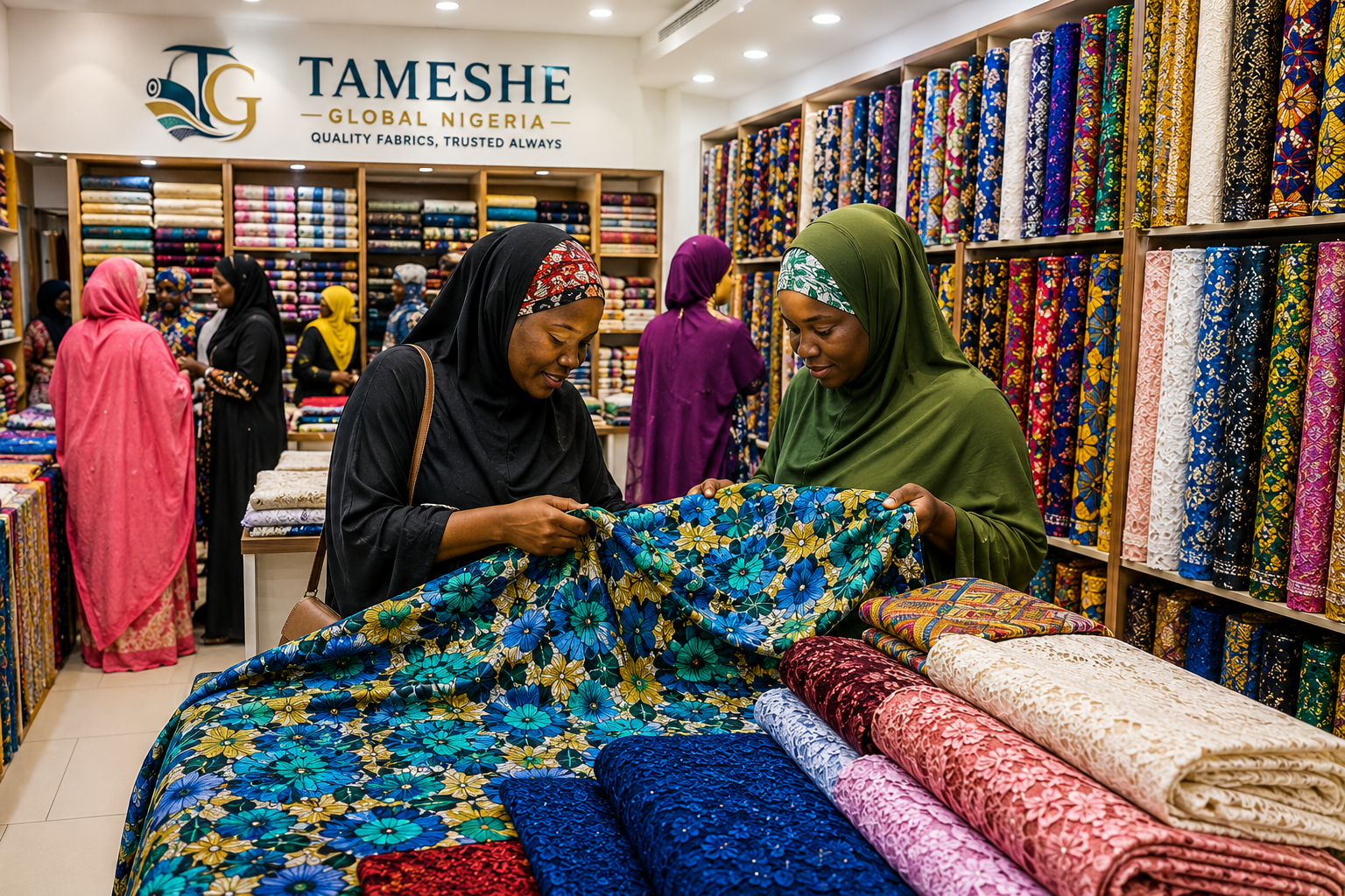 Customers shopping for lace fabrics