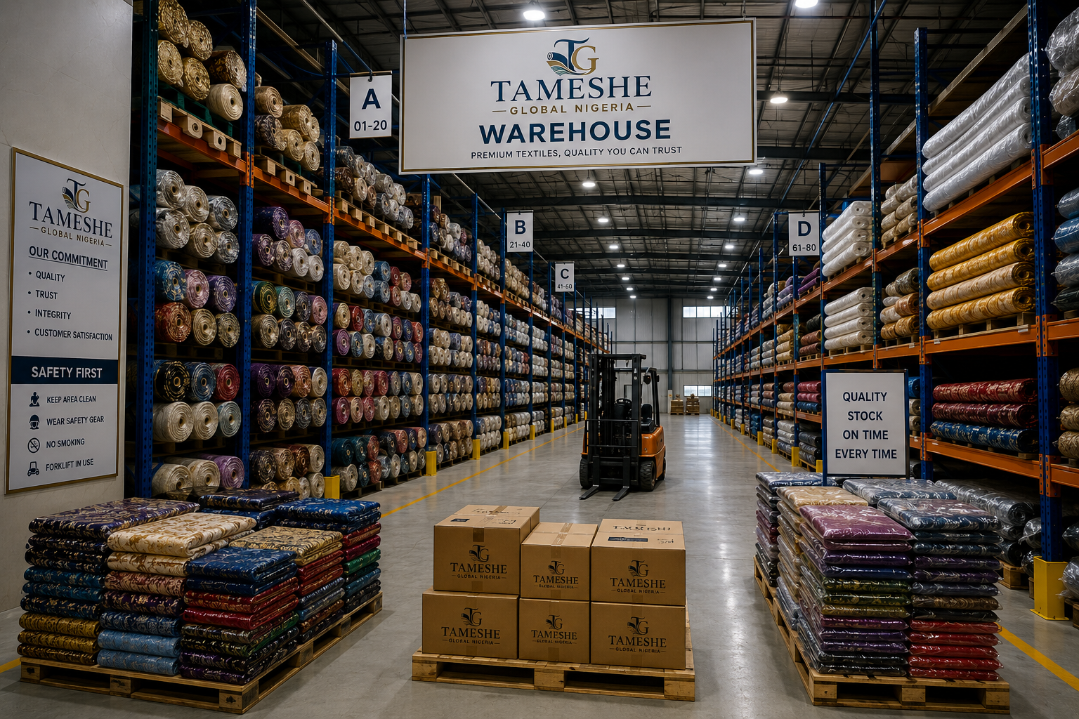 TAMESHE Global Nigeria warehouse with organized fabric stock