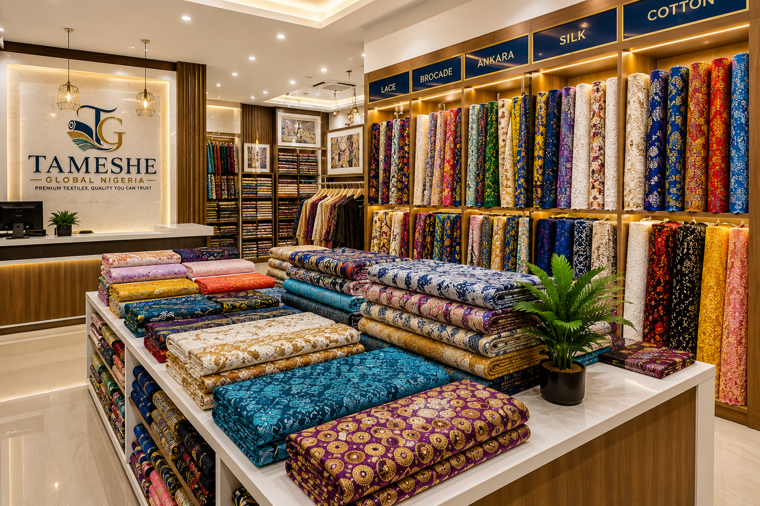 TAMESHE showroom reception and fabric backdrop
